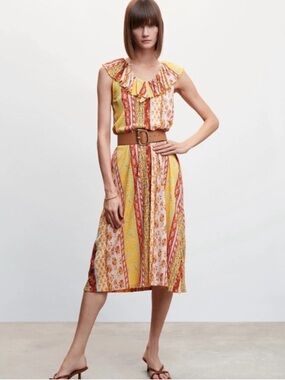 NWOT Mango Yellow and Red Printed Midi Skirt